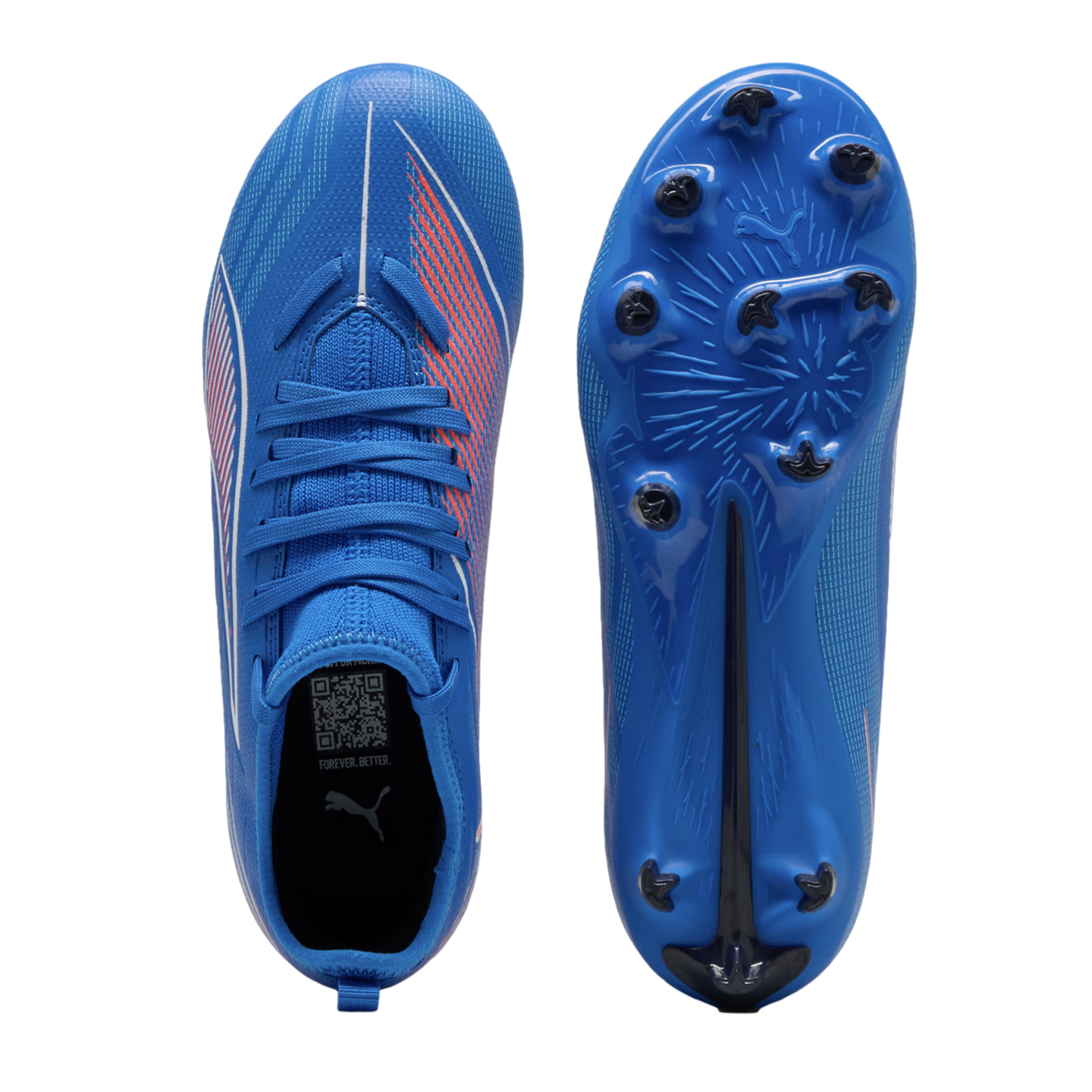 Top and bottom views of a blue Puma soccer cleat with orange diagonal graphics and a blue soleplate featuring black studs, set against a black background.