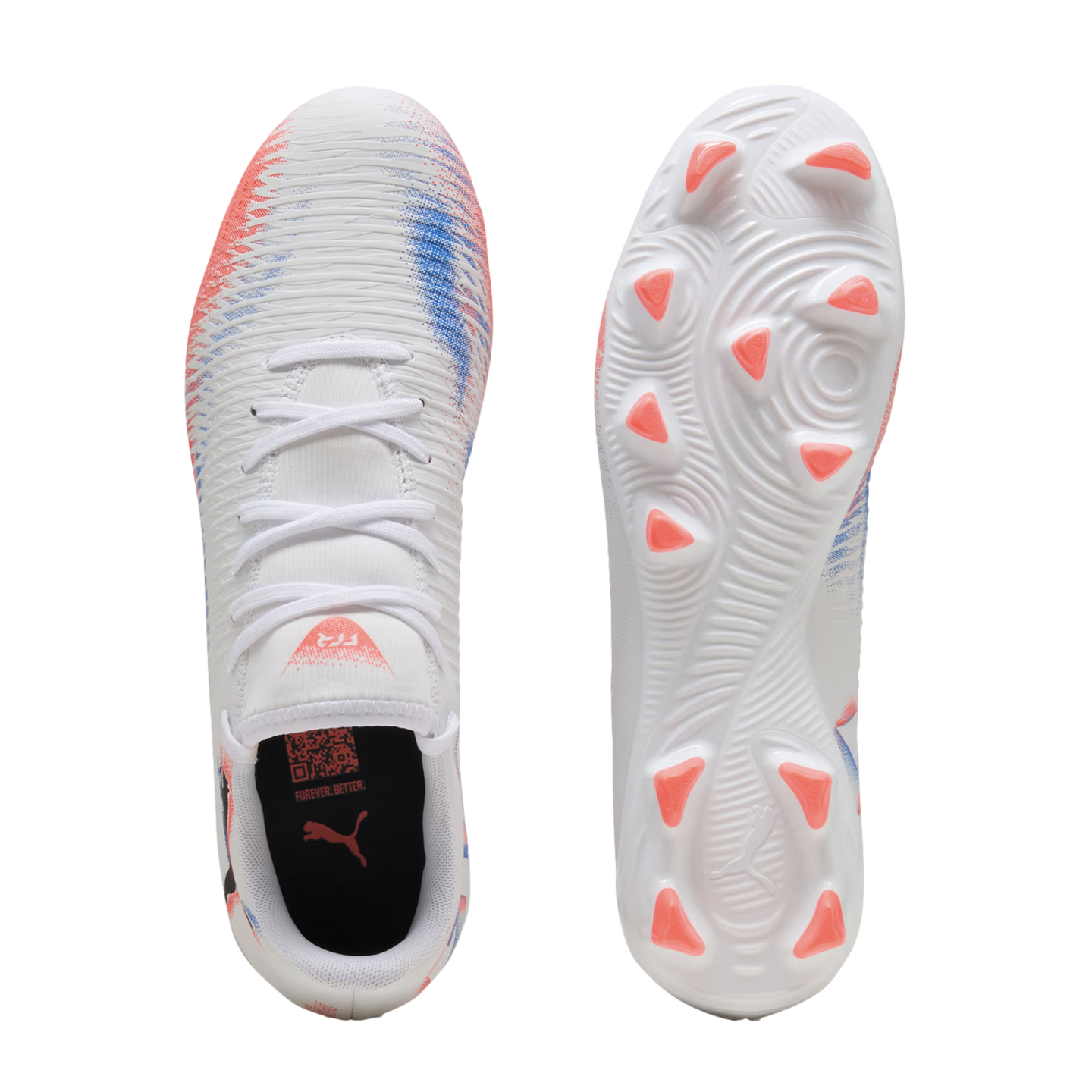 Top and bottom views of white Puma soccer cleats with red and blue accents and bright pink studs on the sole.