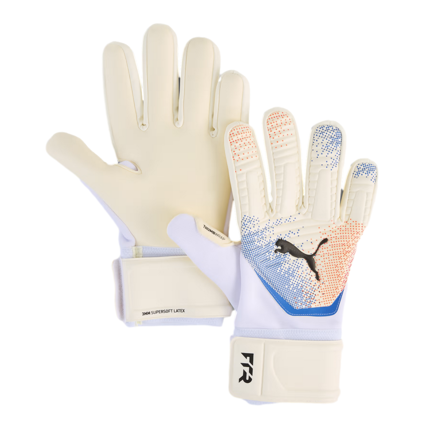 A pair of Puma goalkeeper gloves with white palms and a backhand featuring orange and blue dot patterns and the black Puma cat logo.