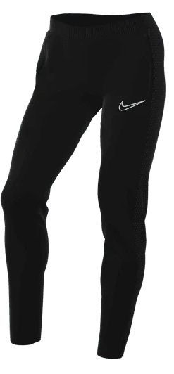 Black Nike athletic leggings with a white swoosh logo on the upper thigh and textured side panels.