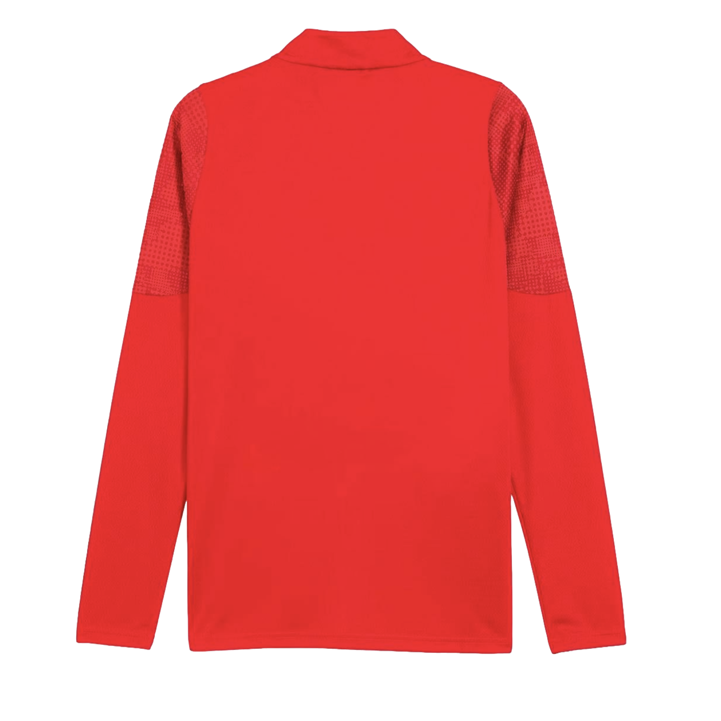 Back view of a red long-sleeved athletic shirt with textured shoulder panels and a standing collar, shown against a solid black background.