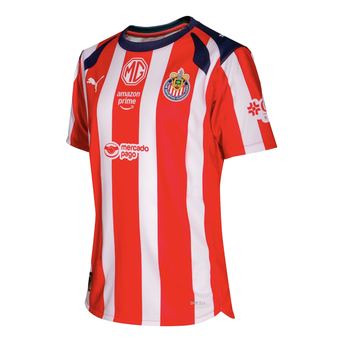 Red and white striped Chivas soccer jersey featuring Puma, MG, Amazon Prime, and Mercado Pago logos, with navy blue collar accents.