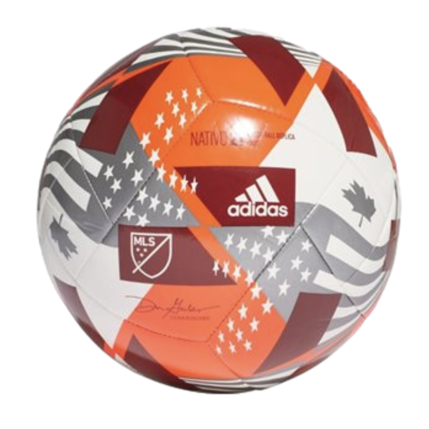 An Adidas MLS Nativo soccer ball with a graphic design of orange, maroon, and white sections featuring stars, stripes, and maple leaves.
