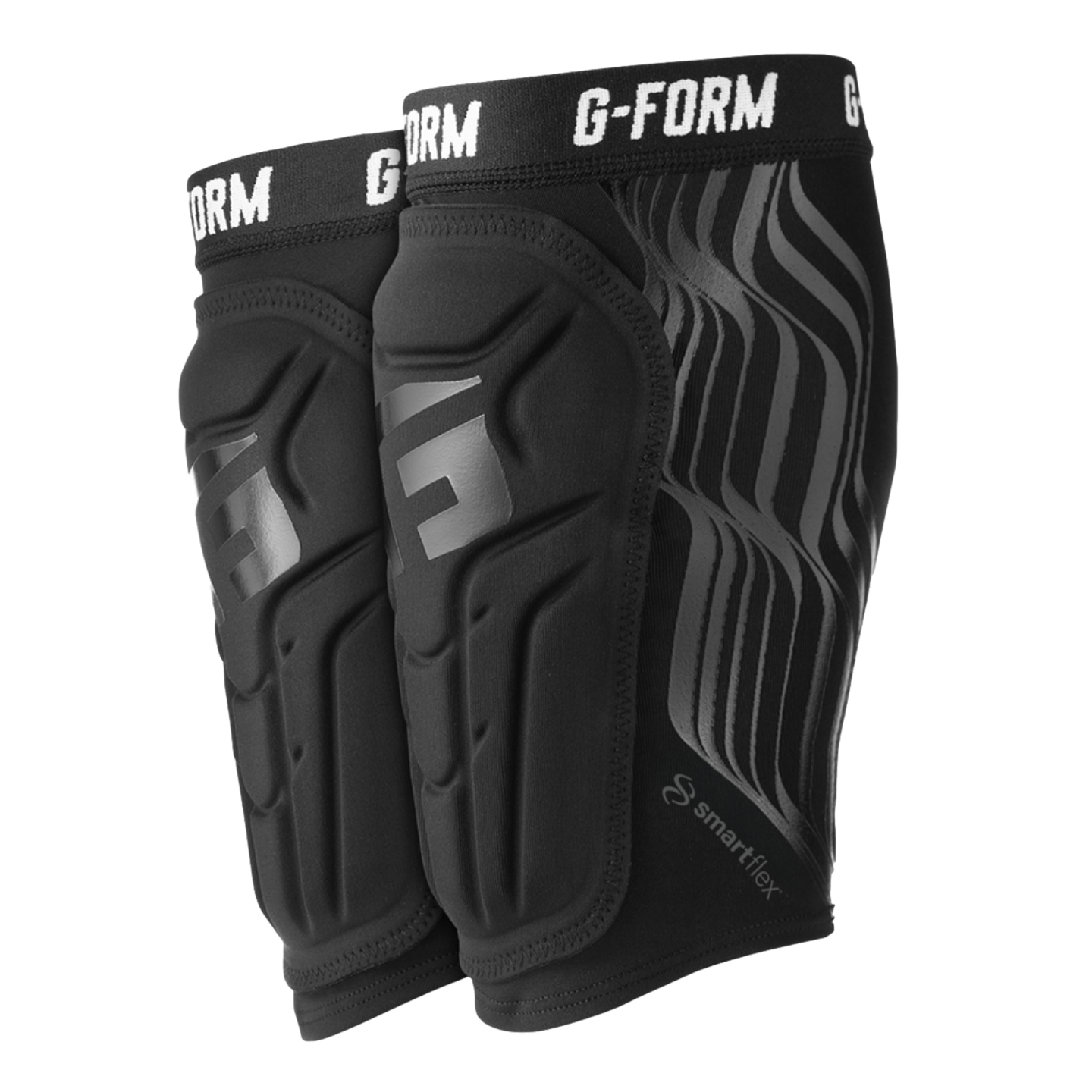 A pair of black G-FORM athletic protective sleeves featuring SmartFlex segmented padding and wavy gray design patterns on the sides.