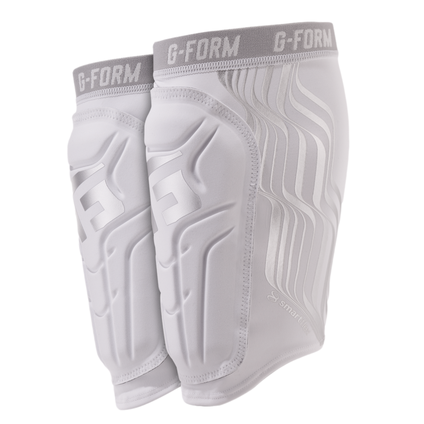 A pair of white and silver G-Form shin guards with grey elastic bands, featuring SmartFlex padding, set against a black background.