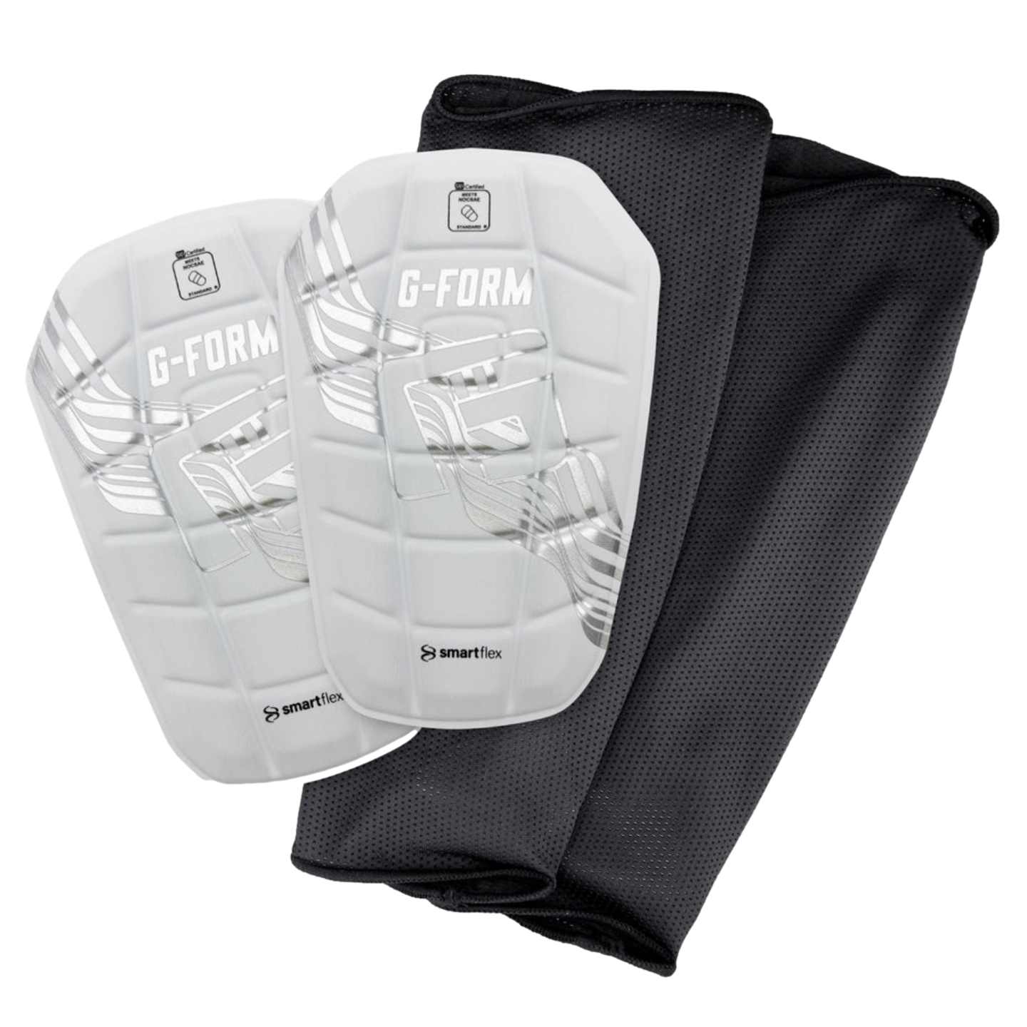 A pair of white G-Form soccer shin guards with silver graphics and two black mesh sleeves on a black background.