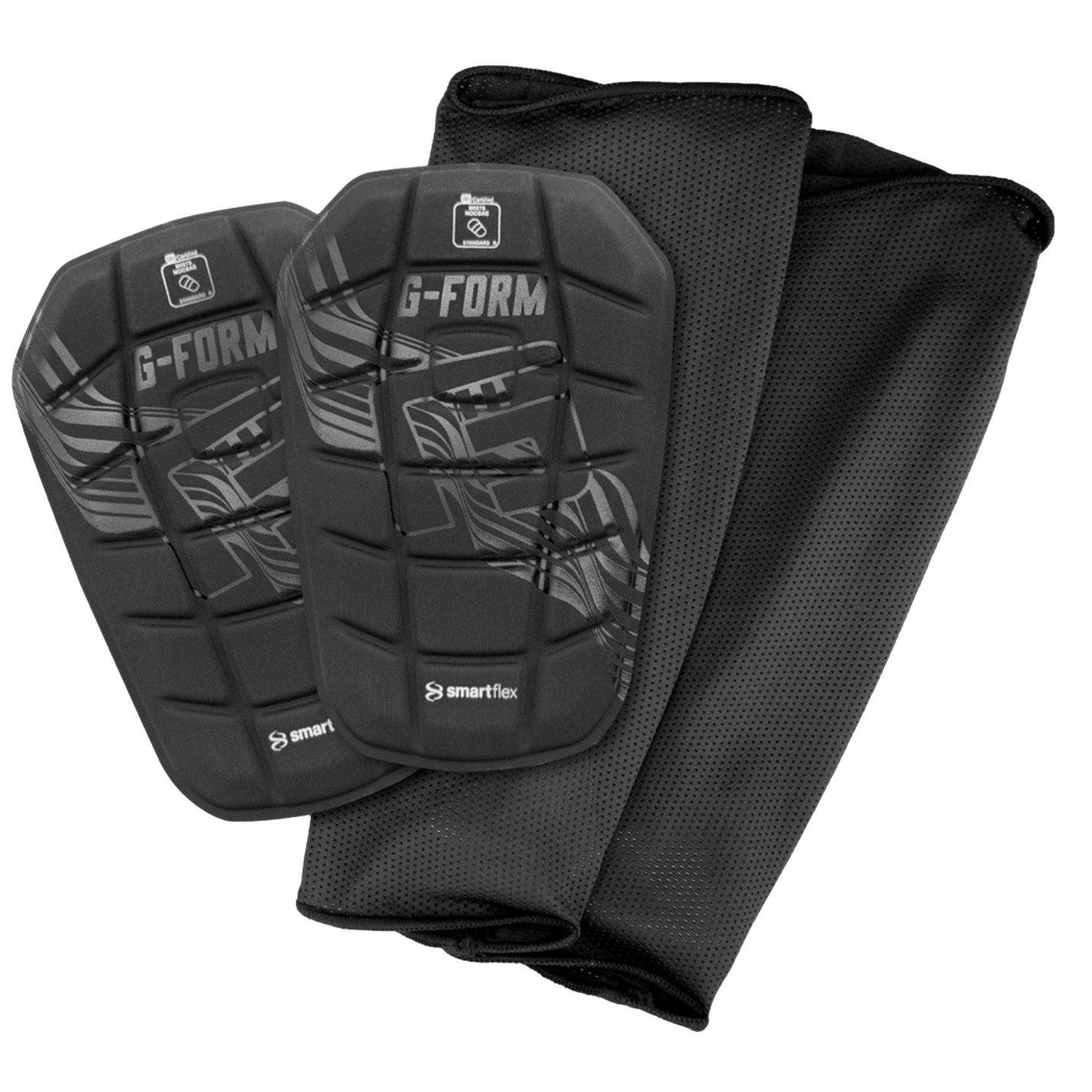 A pair of black G-Form SmartFlex soccer shin guards with two matching mesh compression sleeves.
