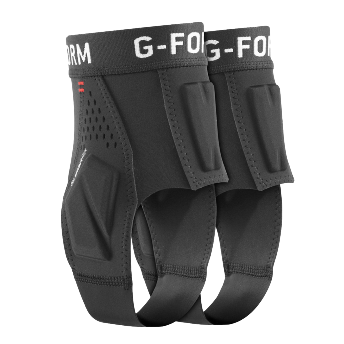 A pair of black G-Form ankle protectors featuring impact-absorbing padding and a stirrup-style strap, shown against a black background.