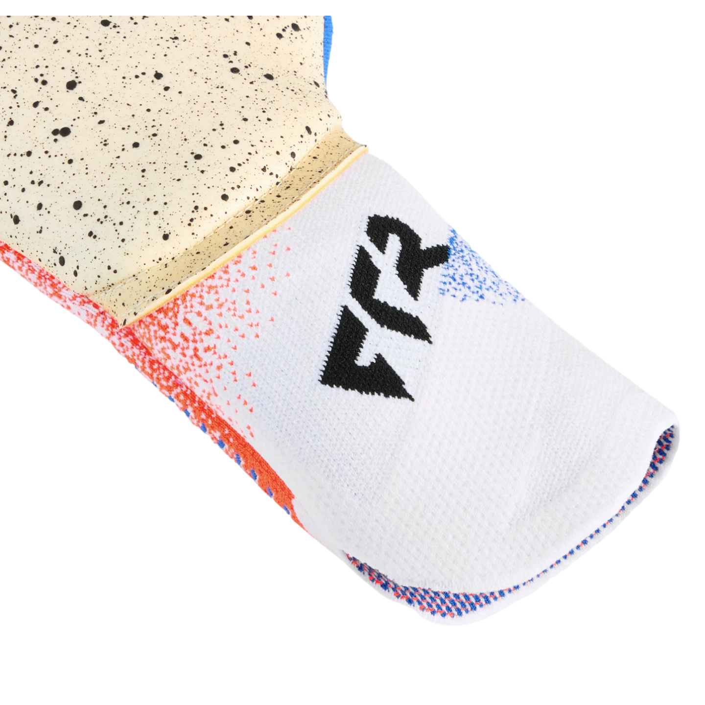 Close-up of a goalkeeper glove with a white knit wrist cuff featuring a black logo and a speckled tan palm, set against a black background.