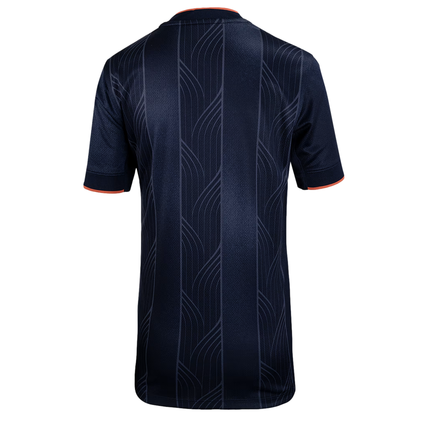 Back view of a navy blue short-sleeved jersey with a tonal vertical geometric pattern and thin orange trim on the collar and cuffs.