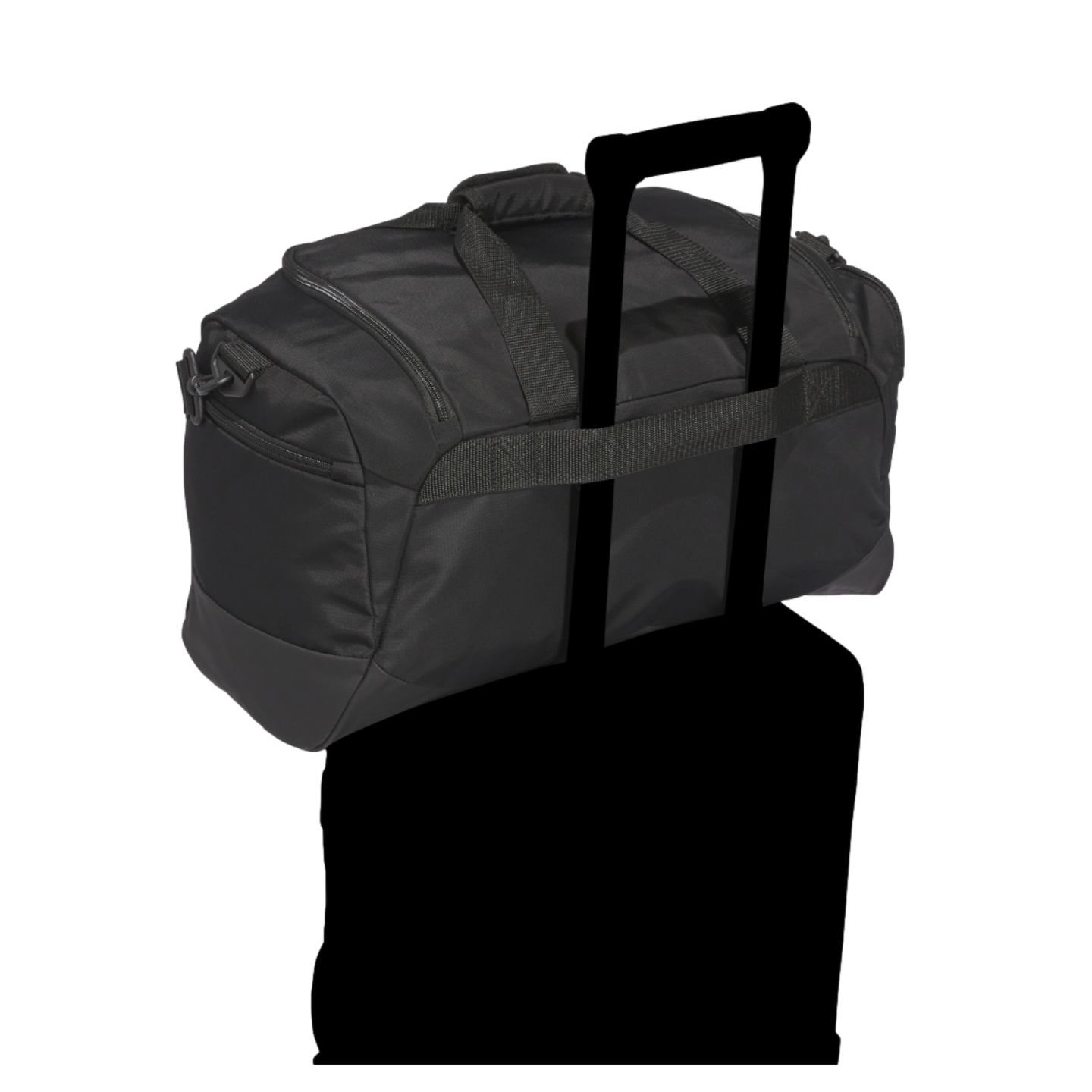 A black duffel bag with a trolley sleeve secured over the telescopic handle of a suitcase, against a black background.