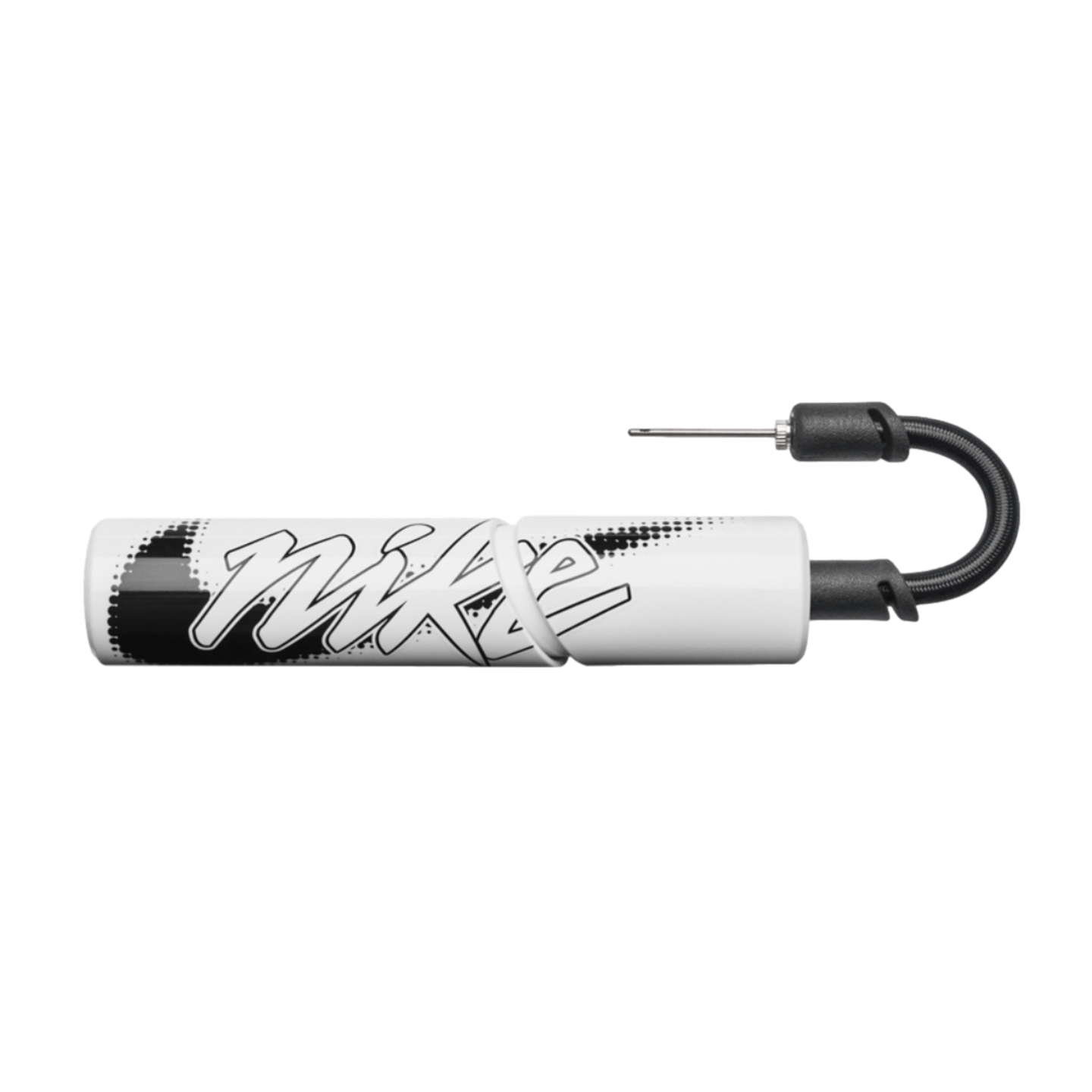 Compact white Nike ball pump with graffiti-style branding, a black hose, and a needle on a black background.