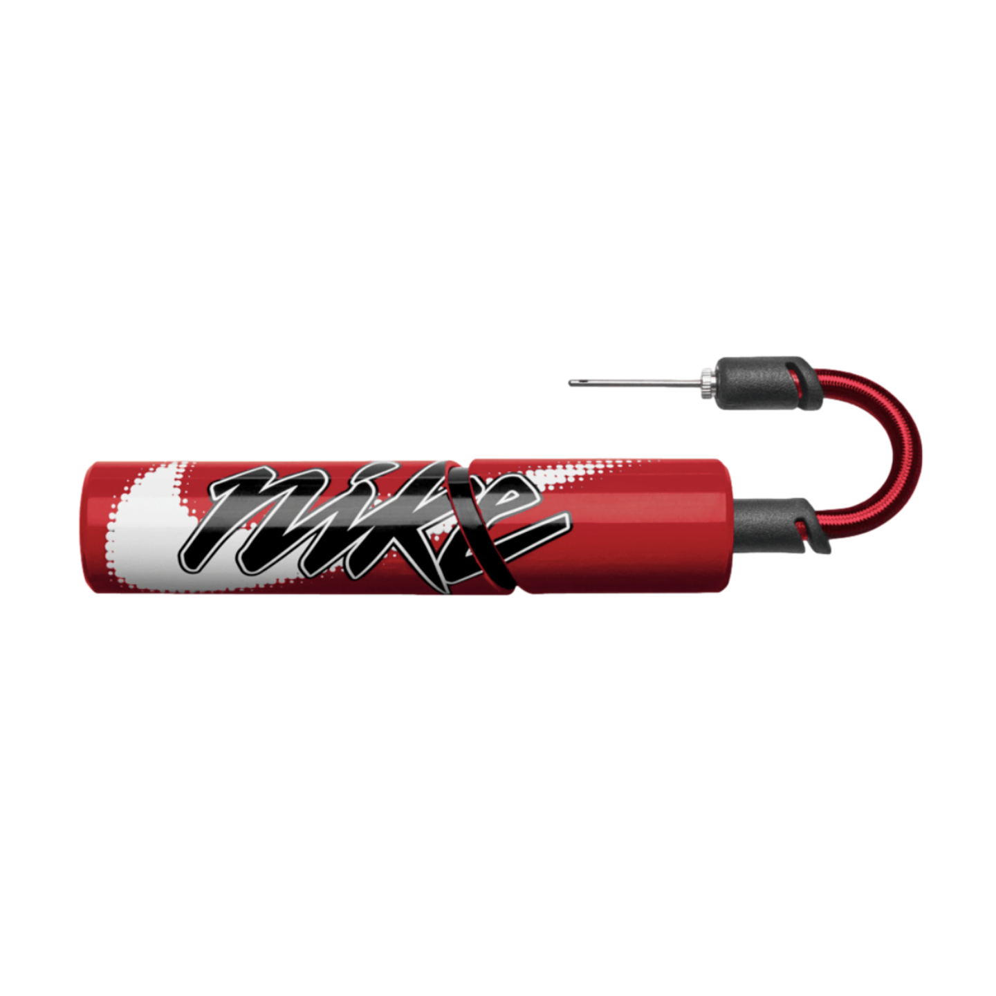 A compact red Nike ball pump with stylized branding, a short red hose, and an inflation needle, centered on a black background.