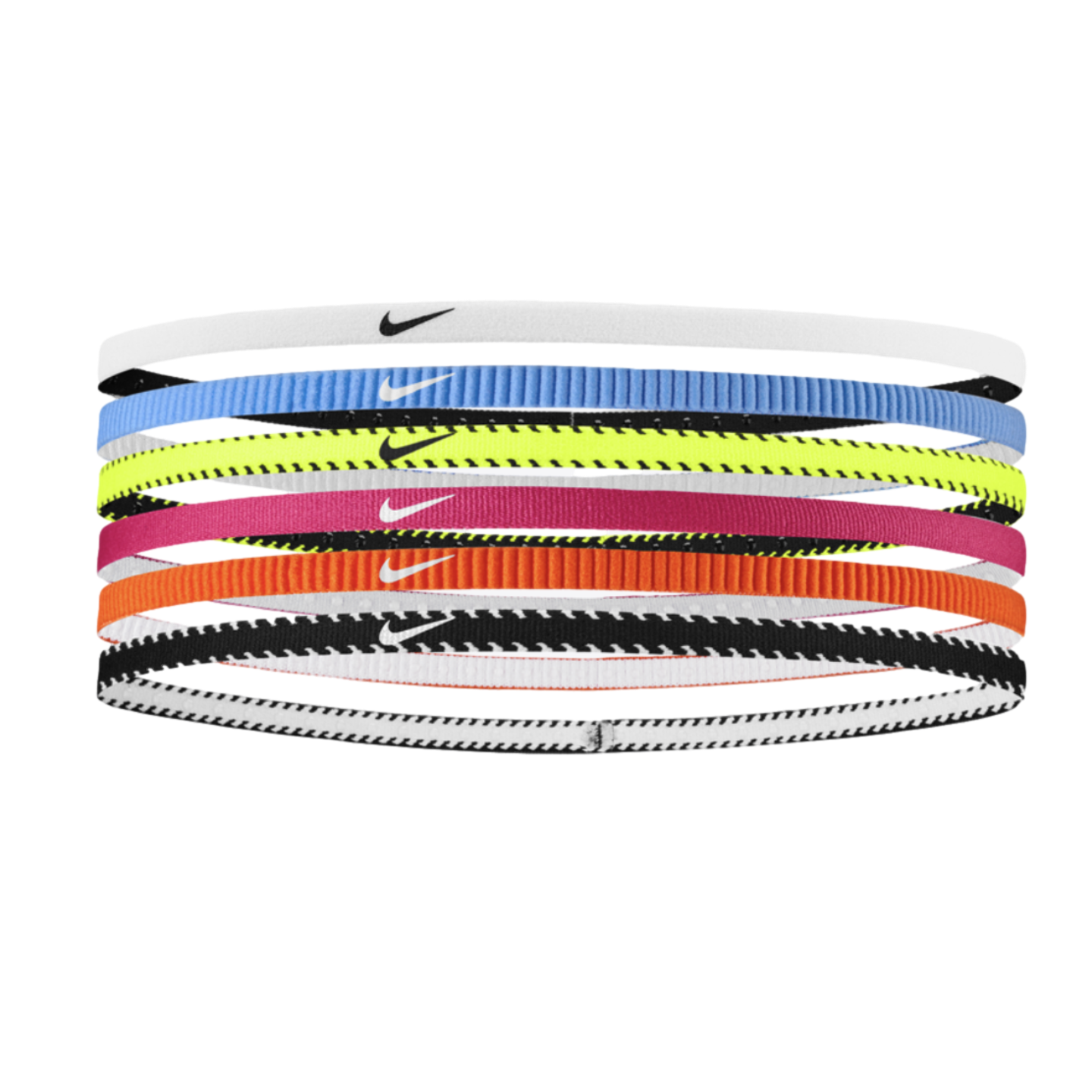 Six thin Nike headbands stacked vertically in white, light blue, neon yellow, magenta, orange, and black-and-white patterned colors.
