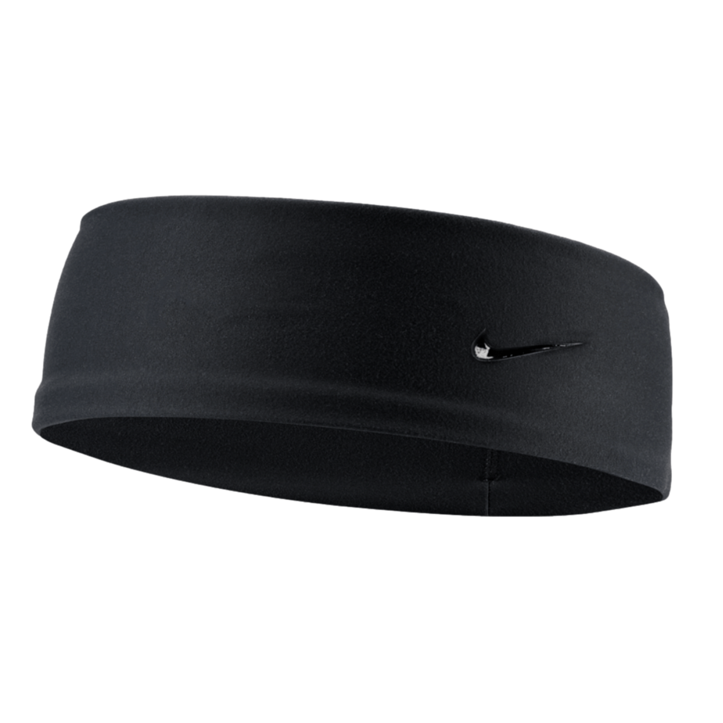 Black Nike fleece headband with a small, tonal Nike swoosh logo on the front right side, set against a black background.