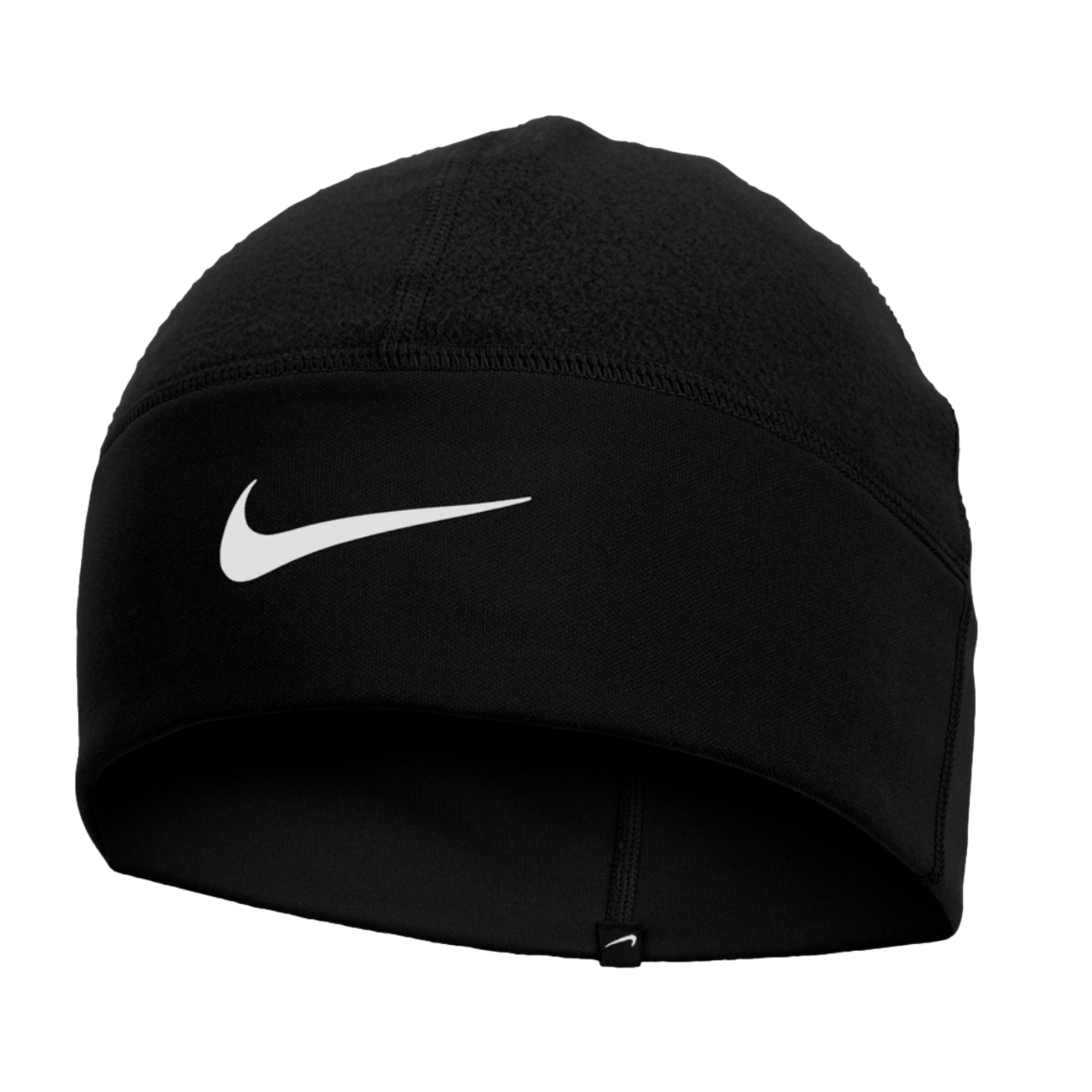A black Nike performance beanie featuring a white swoosh logo centered on the front band.