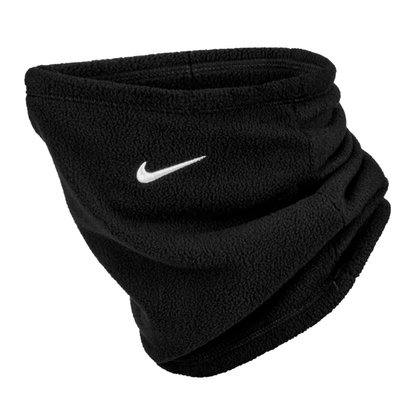 A black fleece Nike neck warmer with a white embroidered swoosh logo on the front, set against a solid black background.