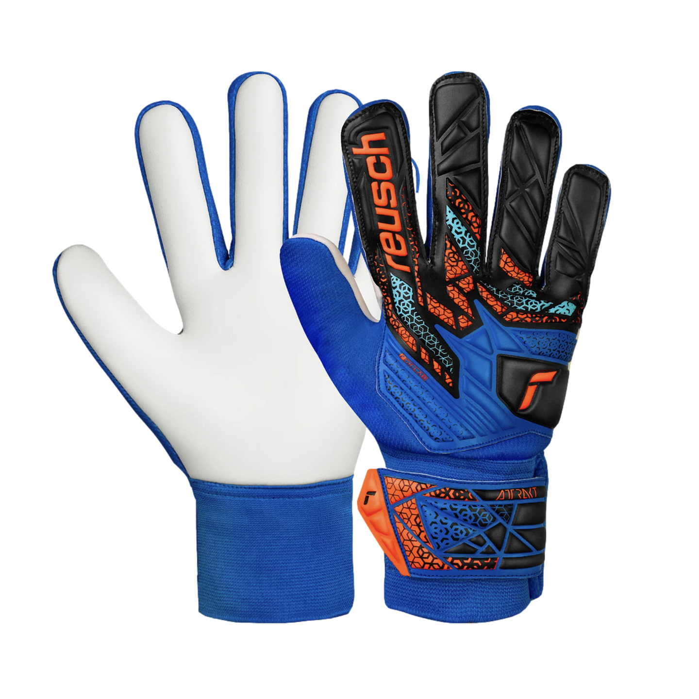 A pair of Reusch goalkeeper gloves with a white latex palm and a blue, orange, and black patterned backhand, shown against a black background.