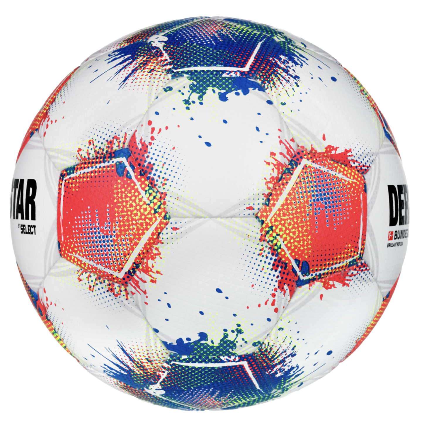 White soccer ball with colorful red, blue, and yellow paint-splatter graphics, featuring Derbystar and Bundesliga logos, isolated on a black background.
