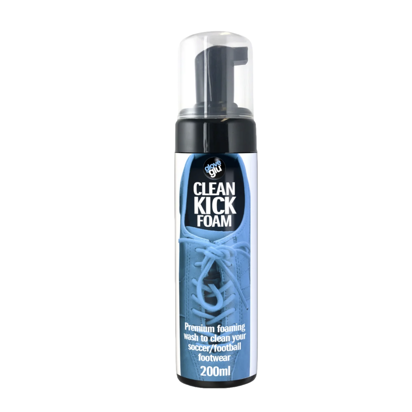 200ml bottle of gloveglu Clean Kick Foam soccer footwear wash with a black pump dispenser and a blue label featuring a blue cleat.