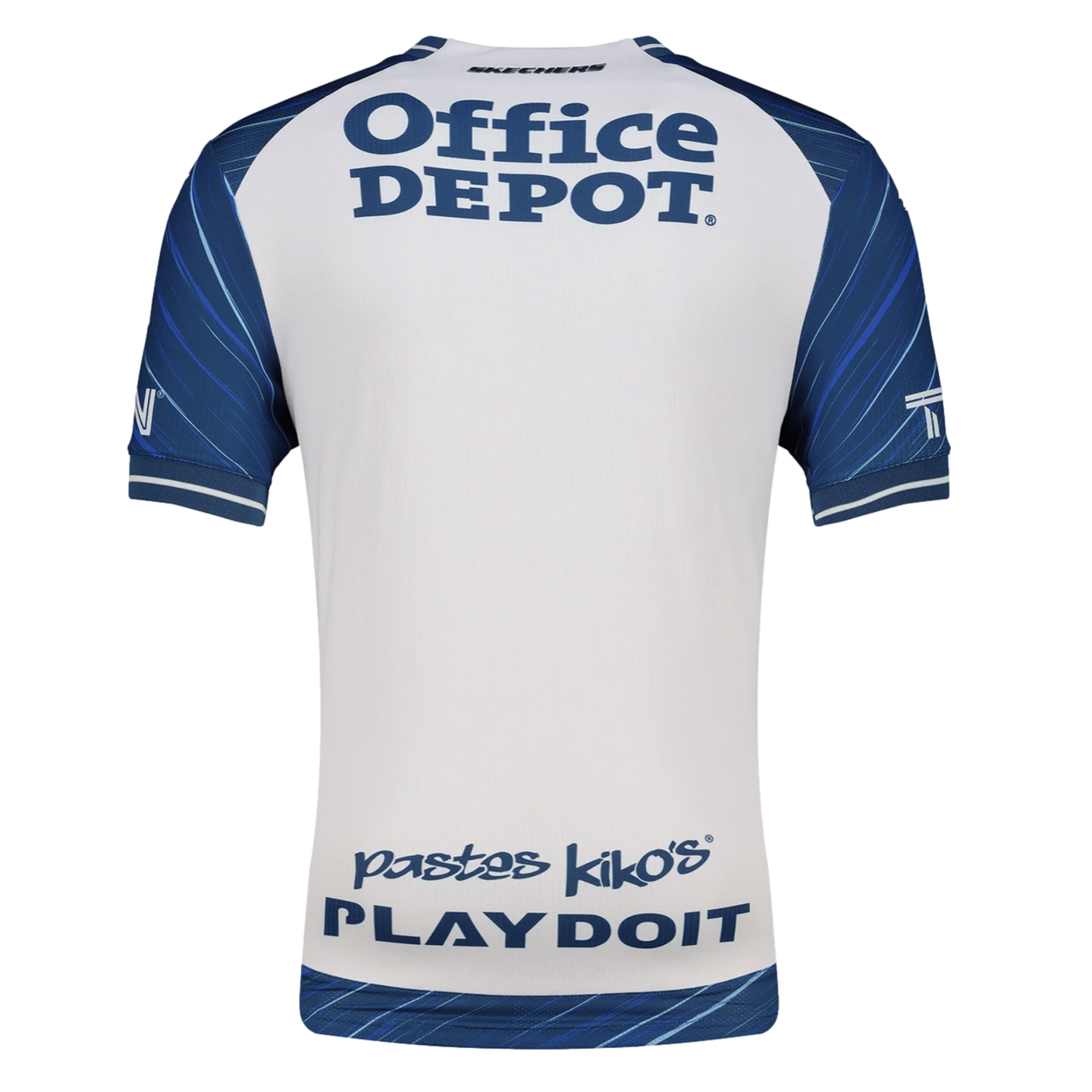 Back of a white soccer jersey with blue-patterned sleeves. Features blue logos for Office Depot at the top and Pastes Kiko's and Playdoit at the bottom.