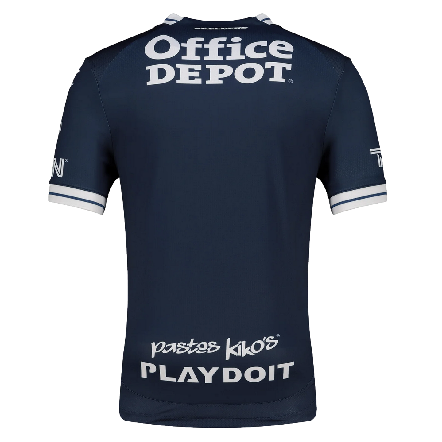 Back of a navy blue sports jersey with white sponsor logos, including Office Depot and Playdoit. The collar and sleeve cuffs feature white striped trim.