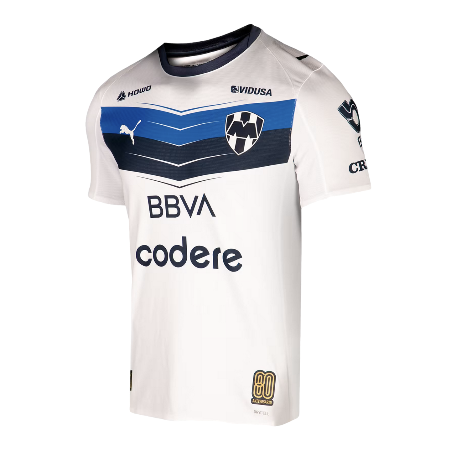 White CF Monterrey (Rayados) soccer jersey featuring a blue chevron design across the chest, club crest, Puma logo, and BBVA and Codere sponsors.