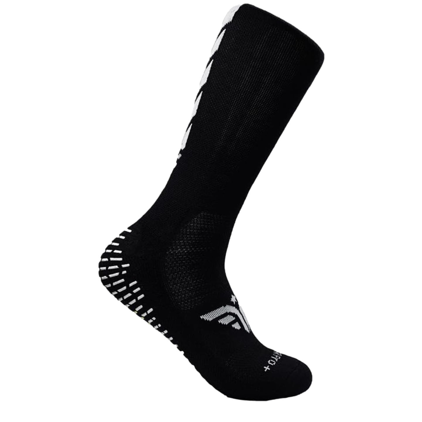 Black crew-length athletic grip sock featuring white nonslip heel pads and a white logo on the arch, shown against a solid black background.