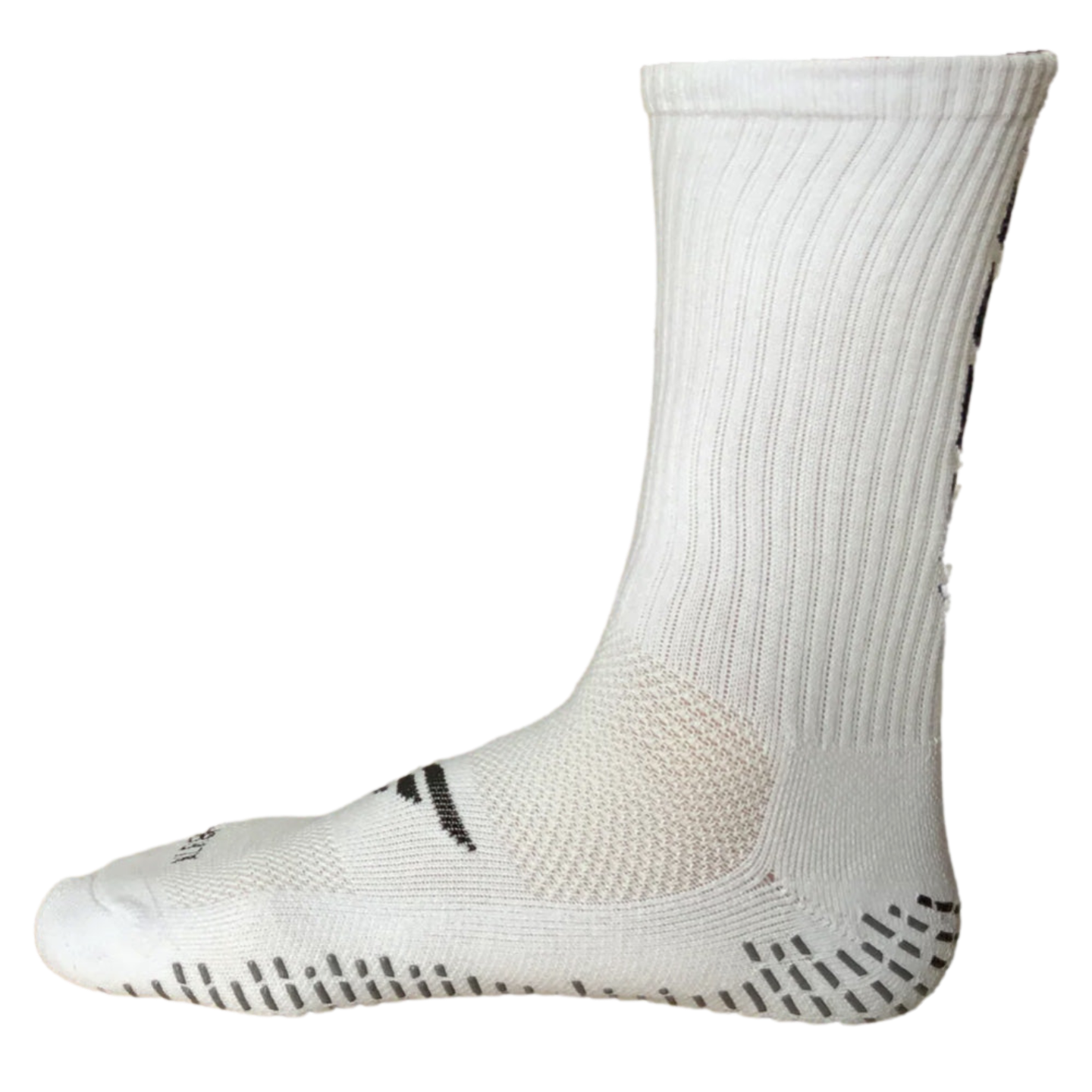 Side view of a white crew-length athletic sock with grey non-slip grip pads on the sole and a small black logo, isolated against a black background.