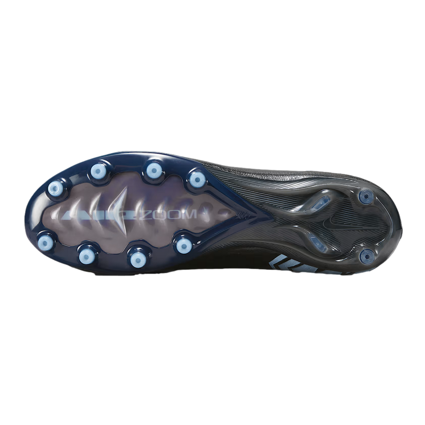 The bottom view of a Nike soccer cleat with a dark blue and black soleplate, light blue conical studs, and "AIR ZOOM" branding.