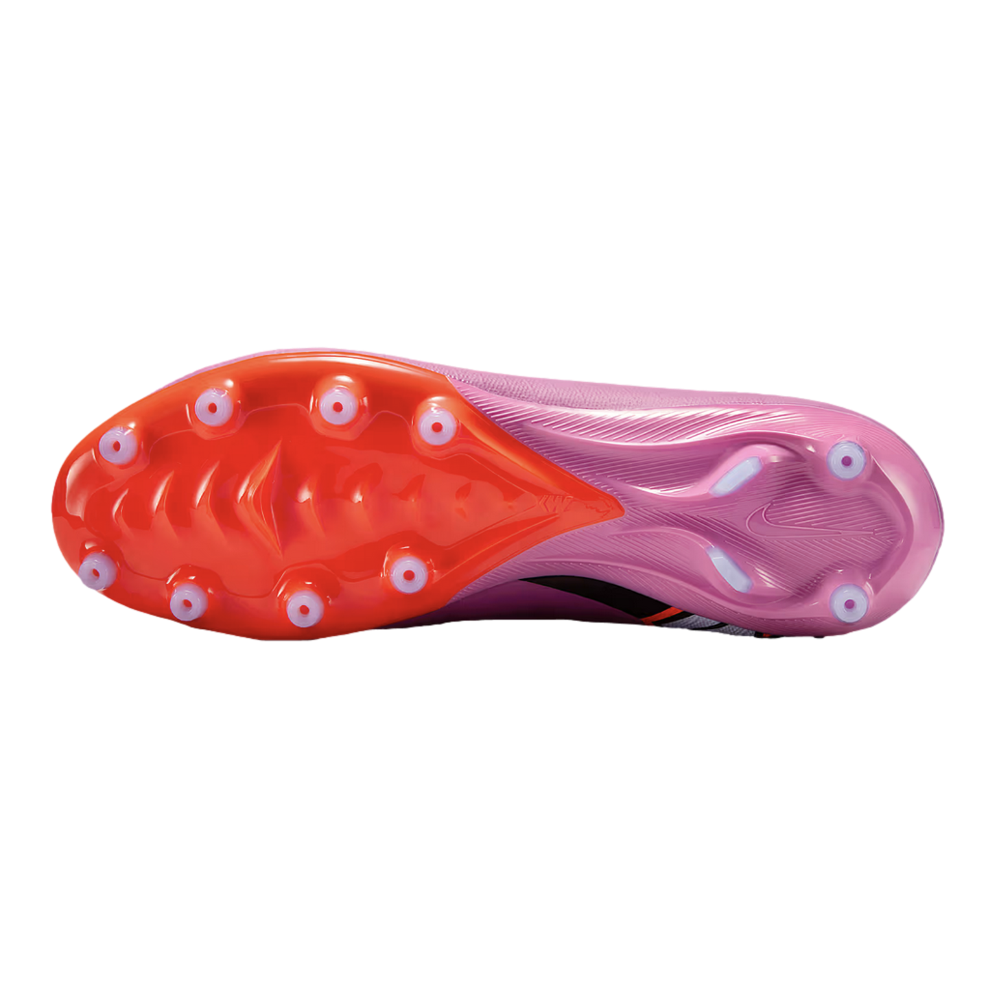 The underside of a Nike soccer cleat featuring a bright orange forefoot and purple heel with light blue circular studs, shown against a solid black background.