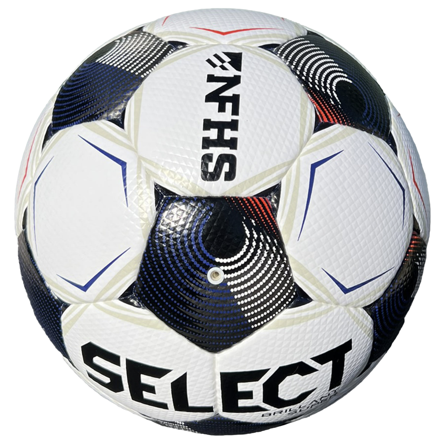 A white Select brand soccer ball featuring textured panels, black and blue geometric patterns, and the NFHS logo.