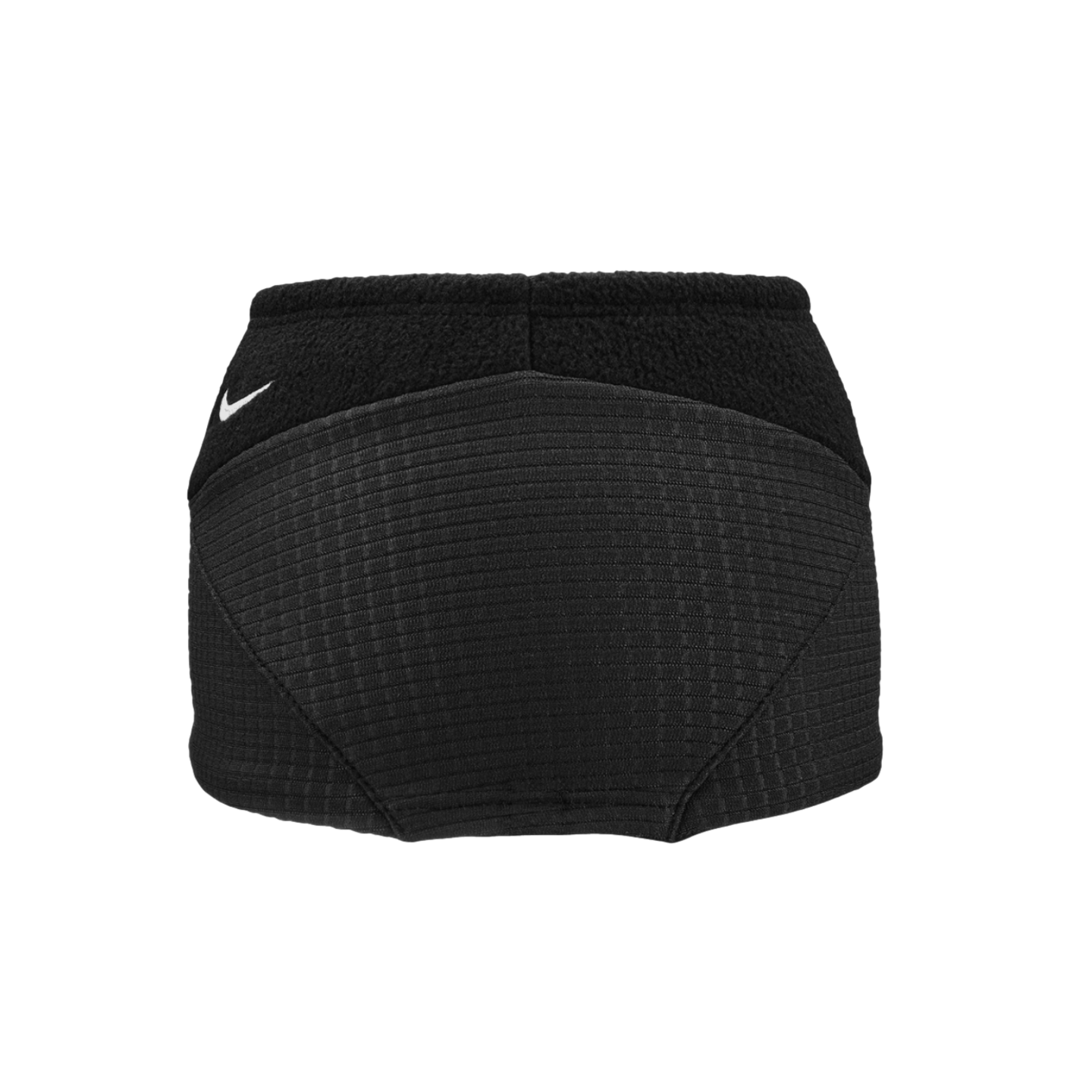 Black Nike neck warmer featuring a fleece top section, a grid-textured bottom, and a small white swoosh logo.