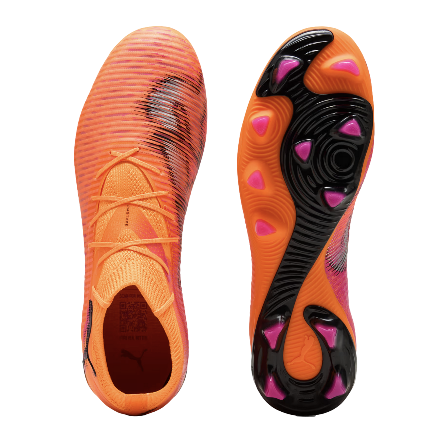 Top and bottom views of orange Puma soccer cleats featuring a textured upper and a pink-studded soleplate against a black background.