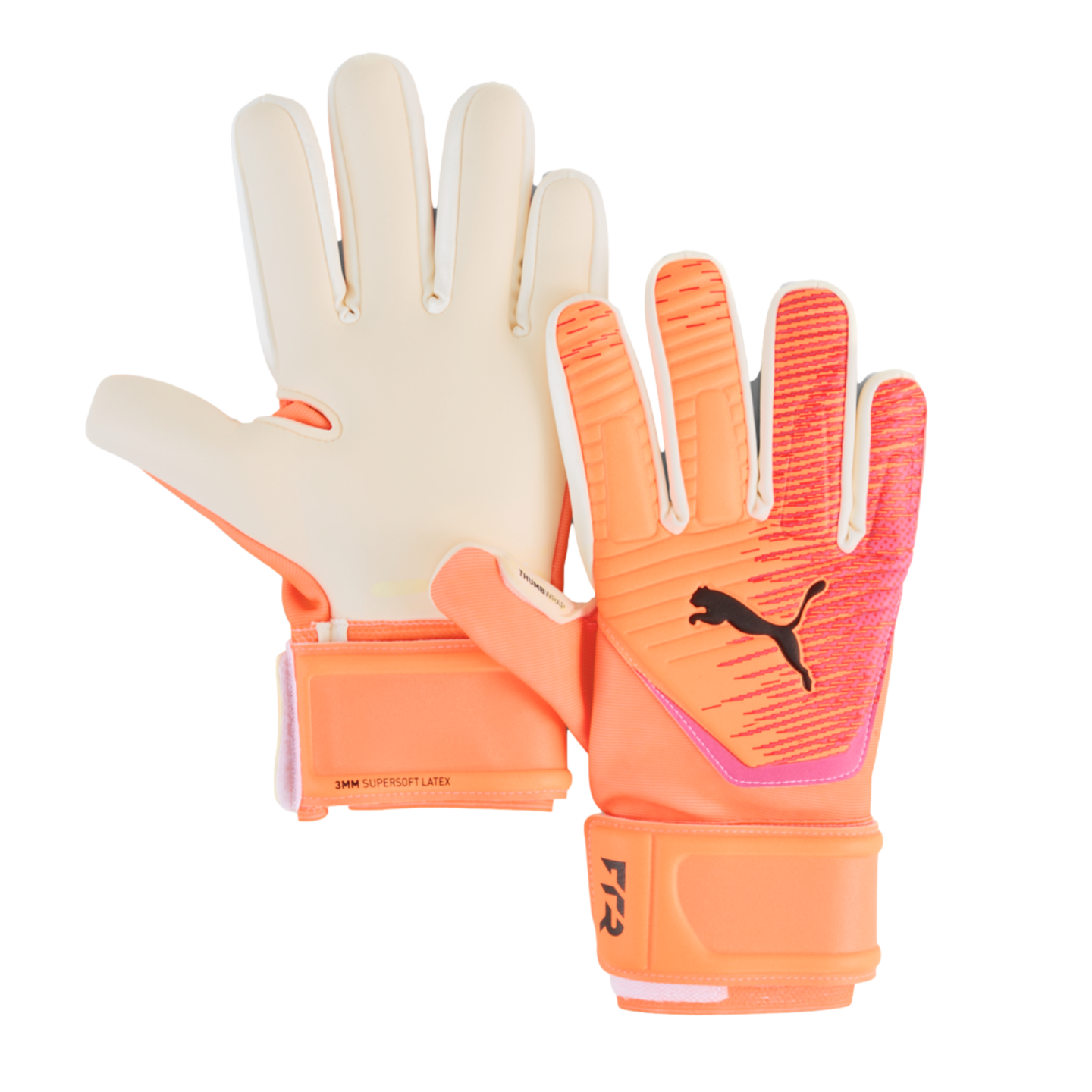 Pair of bright orange and cream Puma goalkeeper gloves, showing both the off-white latex palm and the orange backhand with black logo.