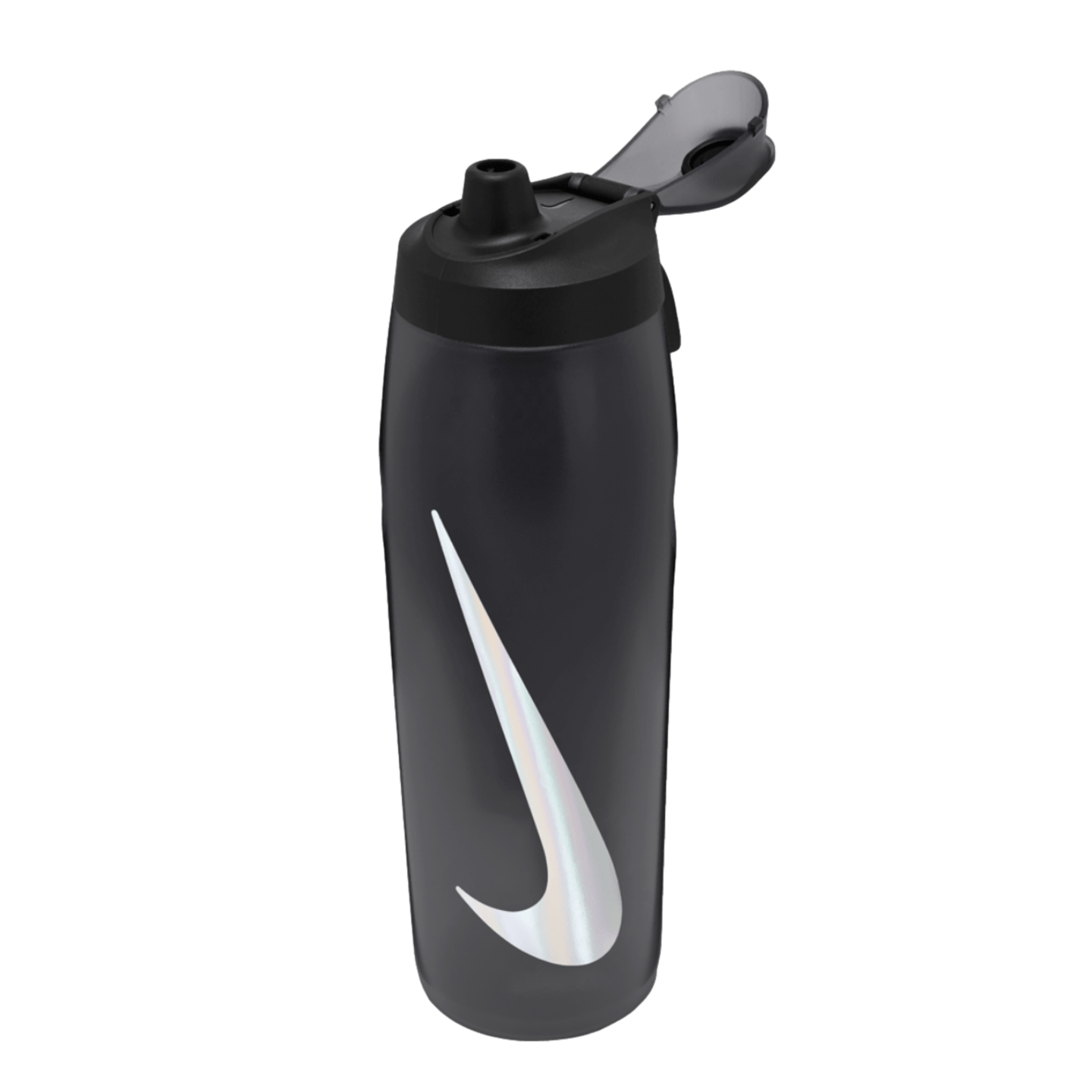 A dark translucent Nike water bottle featuring a large iridescent swoosh logo and an open flip-top lid, set against a solid black background.