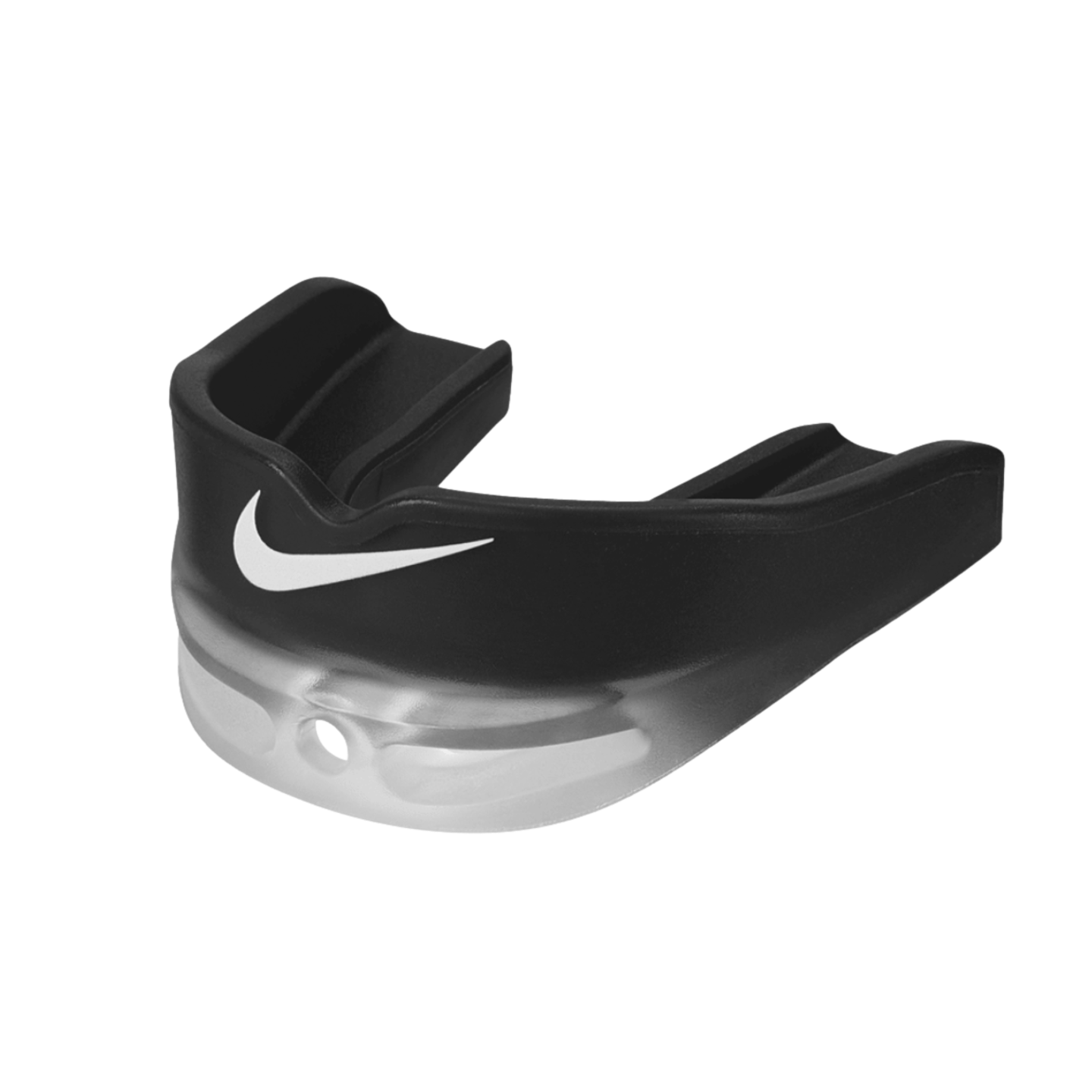 A black and translucent Nike mouthguard with a white swoosh logo on the front, set against a solid black background.