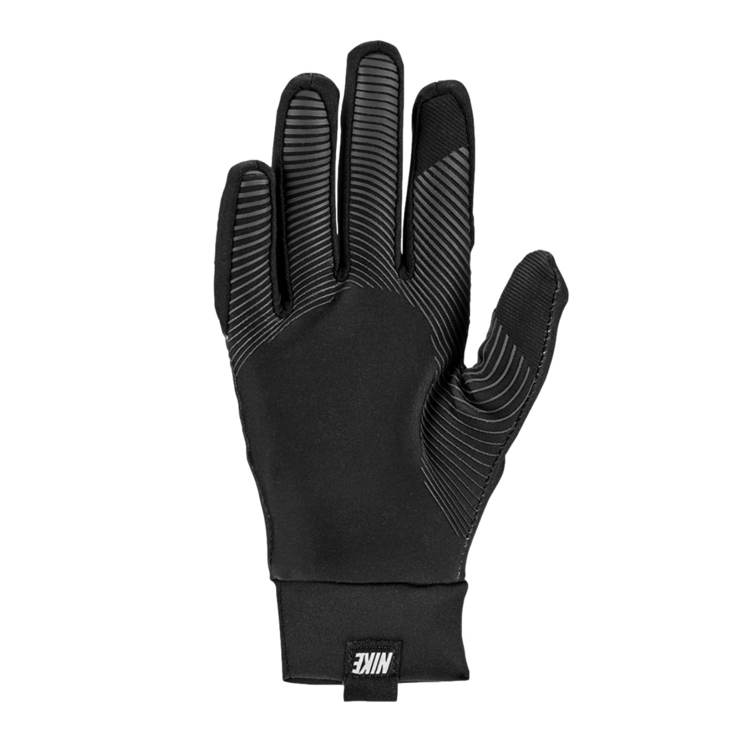 Palm-side view of a black Nike athletic glove featuring grey textured grip patterns on the fingers and palm, with a small Nike logo at the wrist.