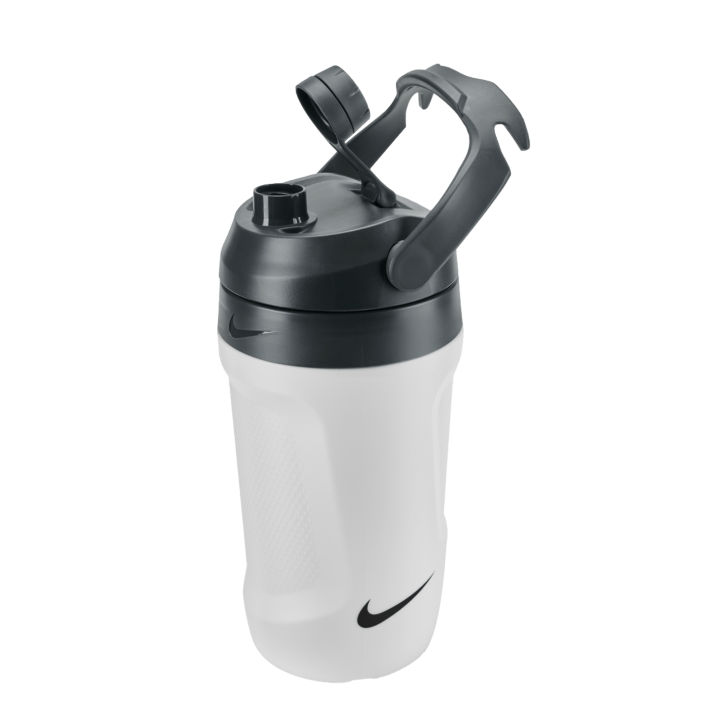 White Nike water bottle with a black flip-top lid, integrated handle, and swoosh logos, shown against a solid black background.