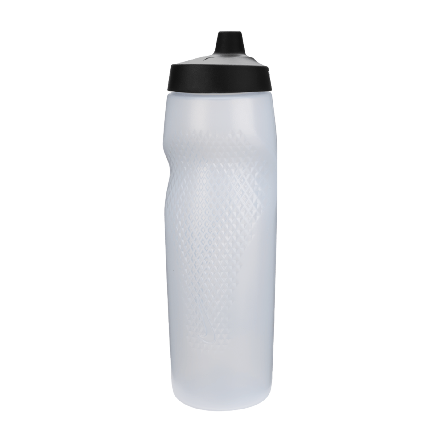 Translucent white sports water bottle with a textured diamond grip and black screw-on pull-top lid, against a black background.