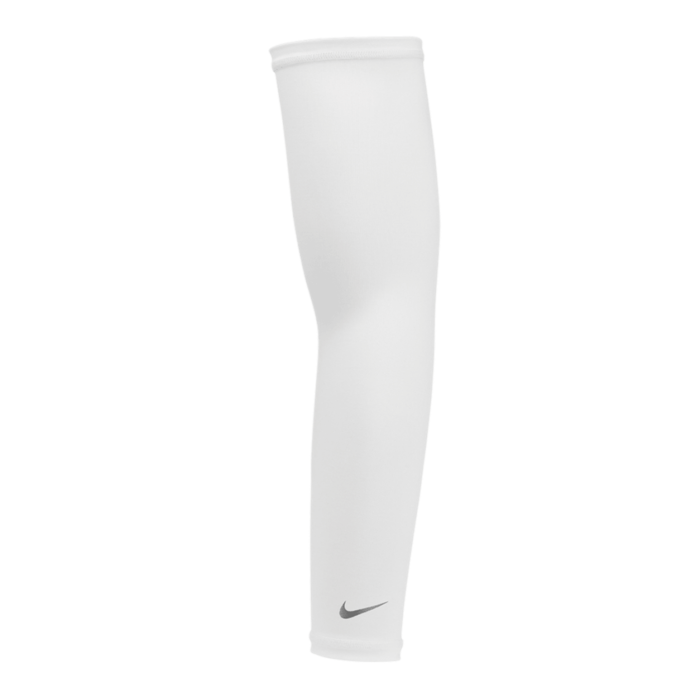 A white Nike compression arm sleeve with a small silver swoosh logo near the wrist, set against a solid black background.