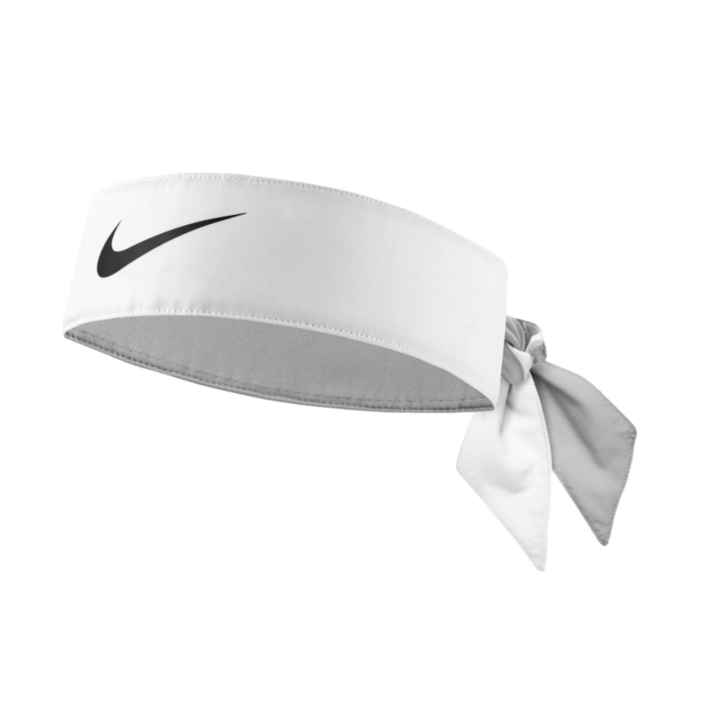 White Nike tie-back headband featuring a black swoosh logo on the front, shown against a solid black background.