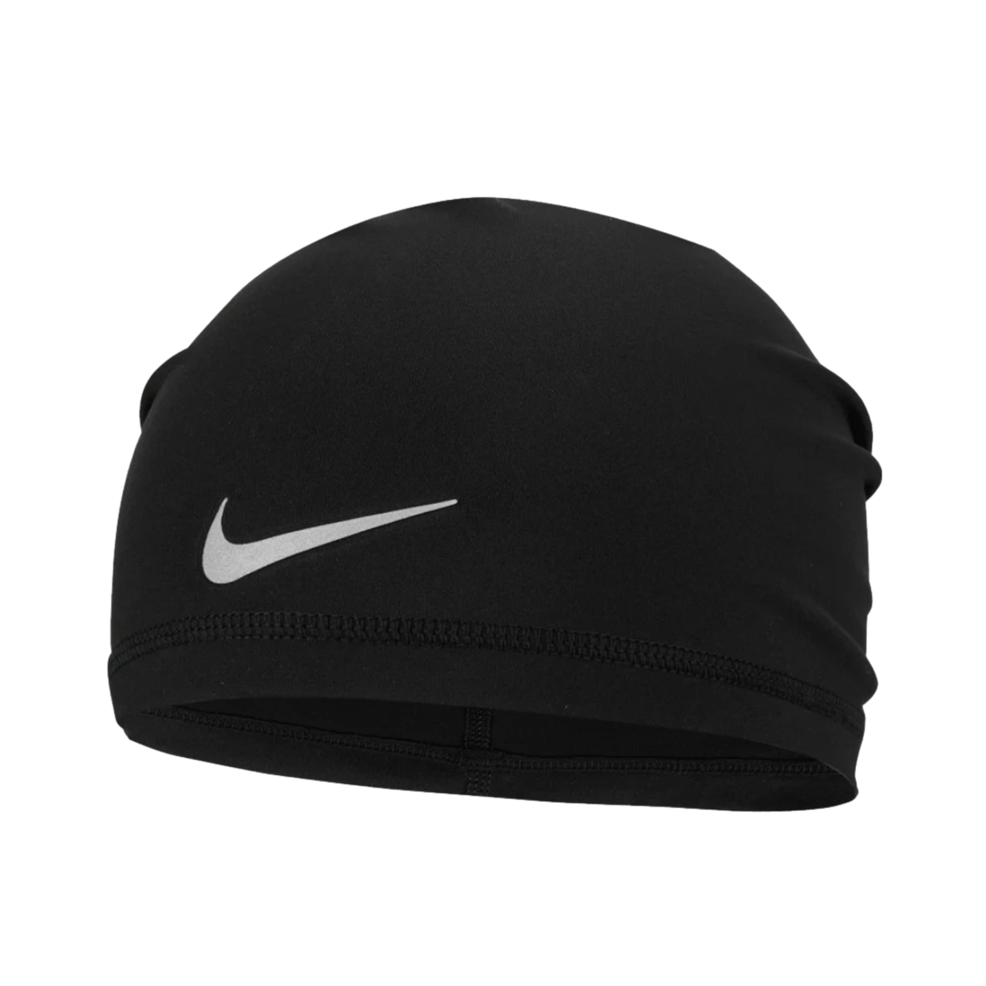A black Nike athletic beanie with a white swoosh logo on the front.