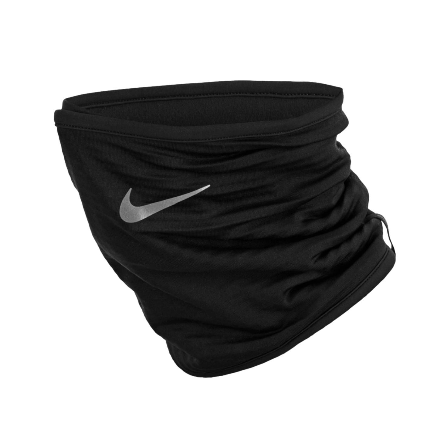 A black Nike neck gaiter with a silver reflective swoosh logo on ruched fabric.