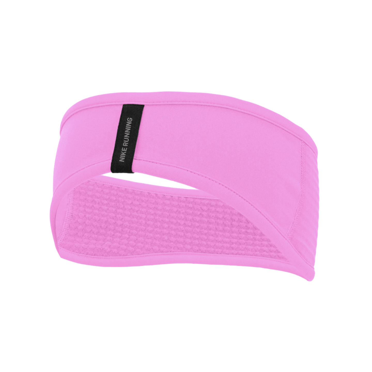 A bright pink Nike Running headband with a small black brand tag on the front, set against a solid black background.