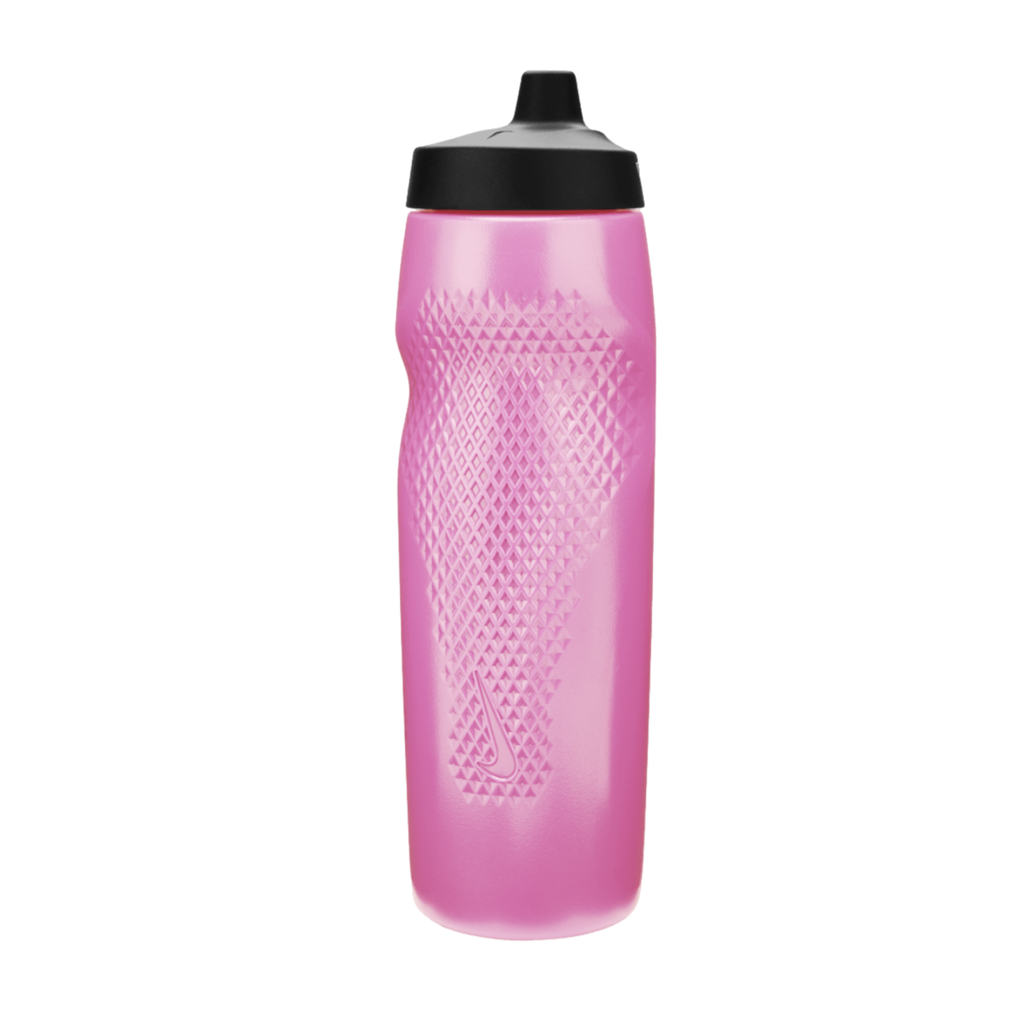 A pink Nike water bottle with a black pull-top lid and a textured diamond grip, isolated against a black background.