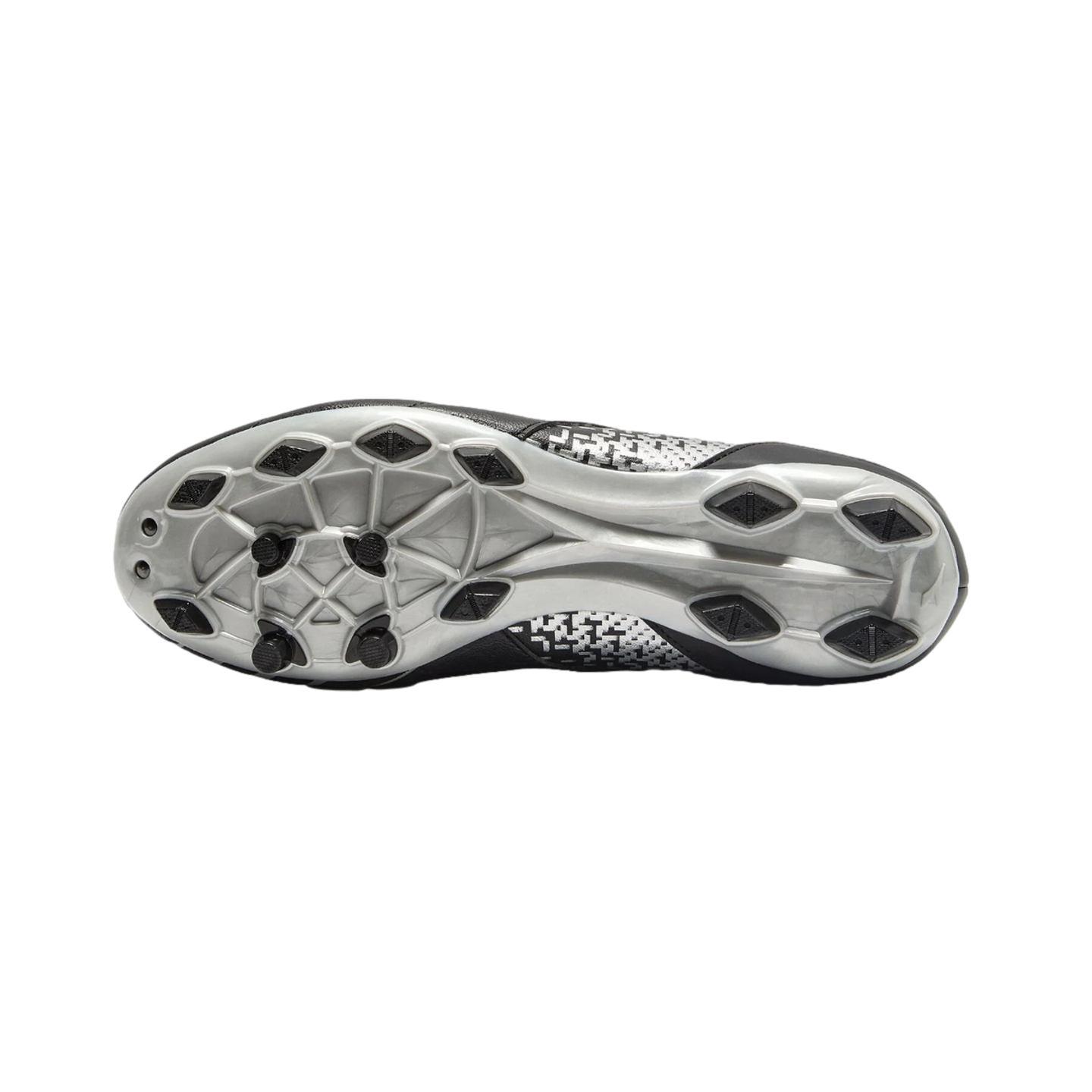 Underside view of a silver soccer cleat featuring black diamond-shaped and circular studs on a silver soleplate with a pixelated pattern.