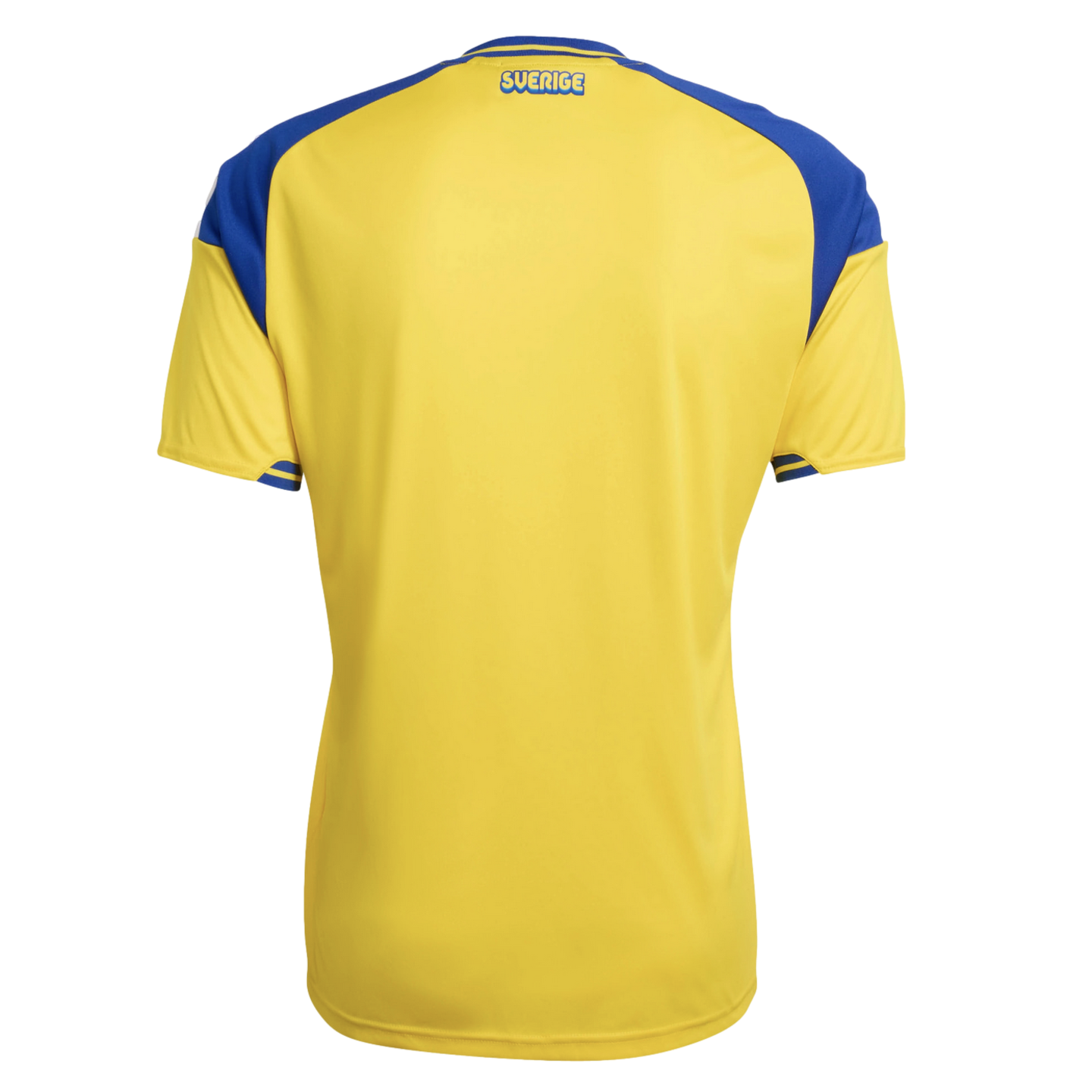 Back view of a yellow and blue Swedish national team jersey with "SVERIGE" printed below the neckline.