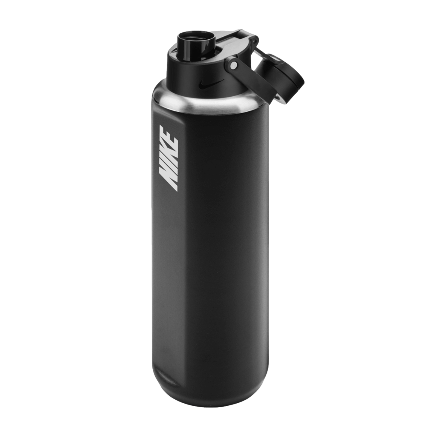 Matte black Nike water bottle with silver metallic trim and a chug-style lid, isolated against a black background.