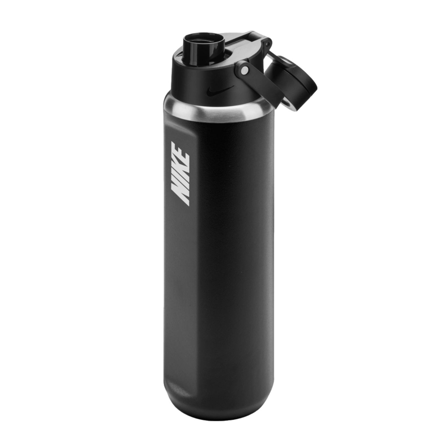 A matte black Nike water bottle with a vertical white logo on the side and a flip-top lid, shown against a black background.